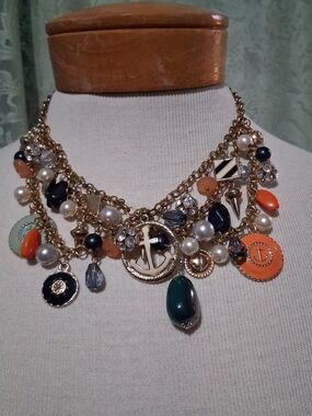 Nautical Statement Necklace Chunky Charm Anchor 3-StrandNautical Statement Neckl